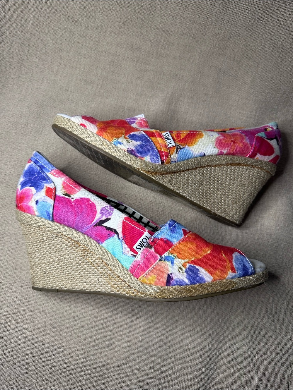 TOMS Multicolor Floral Canvas Wedge Espadrille - Pink, Orange, Blue